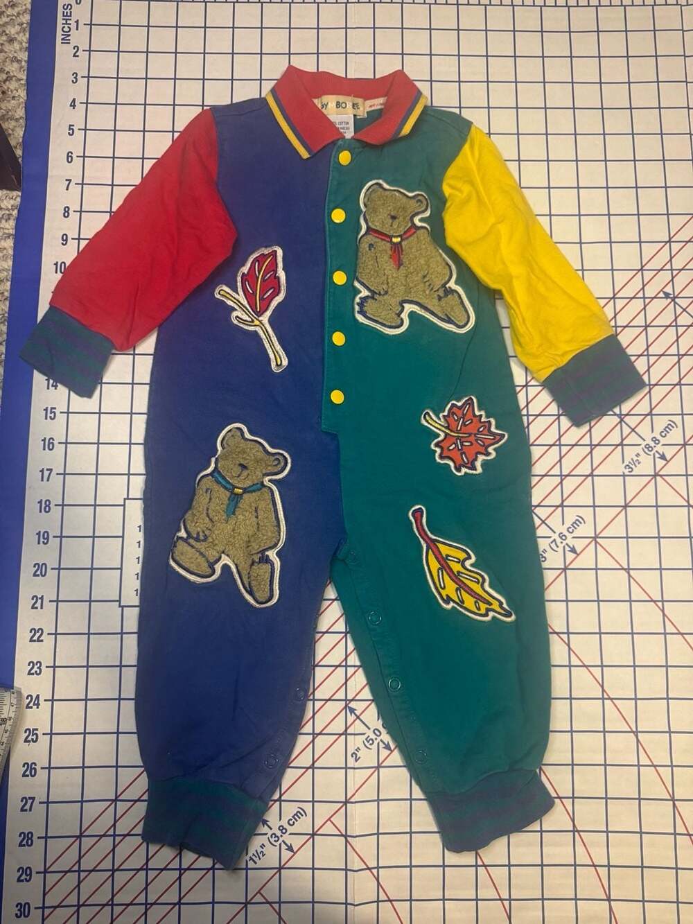 Vintage Gymboree Colorblock Teddy Bear Leaf Applique Romper X-Small